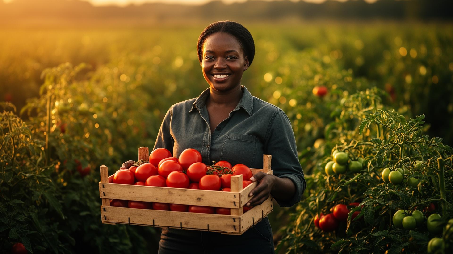 Commercial farmer holding a crate of fresh tomatoes